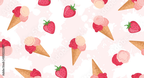 A charming seamless pattern showcases scoops of strawberry and vanilla ice cream in waffle cones, mixed with fresh strawberries on a light pink backdrop.