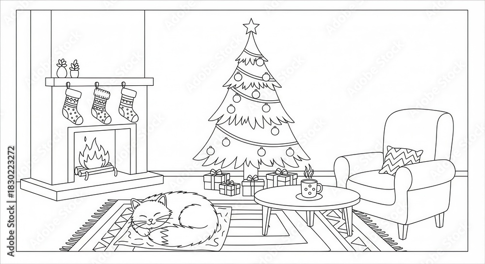 Fototapeta premium Monochrome Line Art Coloring Book Illustration of a Warm and Cozy Christmas Living Space