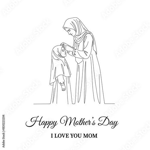 Mother's Day - Elegant continuous line drawing showing a Muslim mother gently adjusting her daughter's headscarf (hijab). Captures care, tradition, Islamic family, and maternal love. 