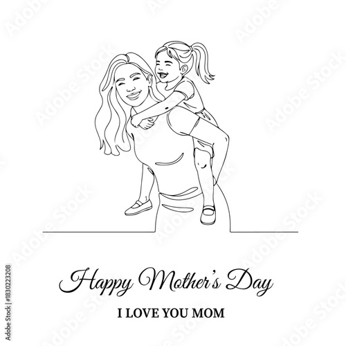 Mother's Day
Dynamic continuous line art of a mom giving her daughter a piggyback ride. Expresses joy, energy, fun, strength, and active parenting.
