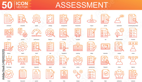 Assessment icon collection set. Containing conclusion, evaluation, quality, strategy, management icon
