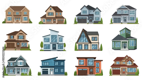 Modern House Vector Illustrations Set: Diverse Architectural Styles for Real Estate & Home Design Projects