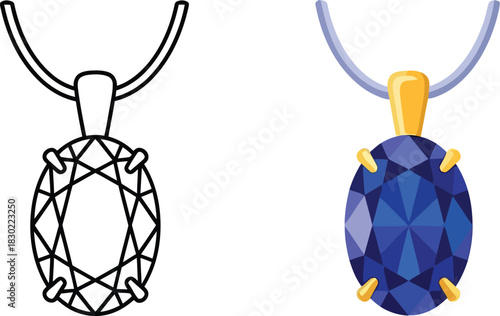 Two necklace pendants are displayed one a line drawing and one colored