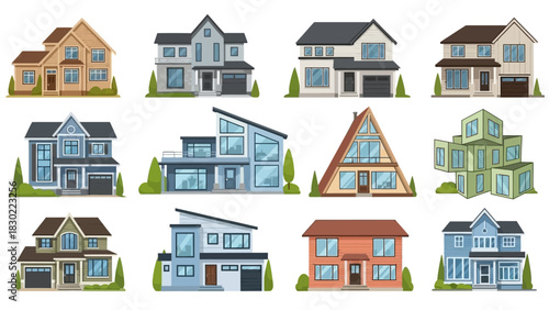 Modern House Vector Illustrations Set: Diverse Architectural Styles for Real Estate & Home Design Projects
