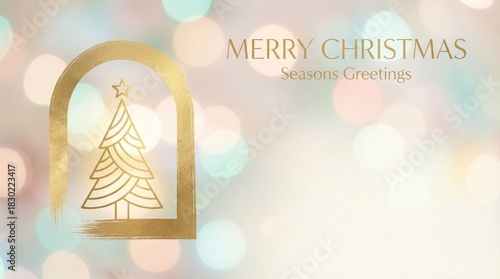 Gold Christmas tree illustration with bokeh background and greetings  