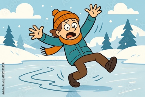 Child slipping on ice in winter landscape with snow-covered trees  