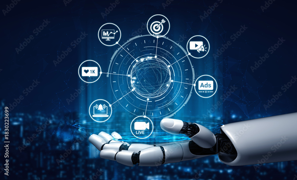 Obraz premium Artificial intelligence enhances video marketing by generating personalized content. AI analyzes data to optimize video marketing strategies for maximum audience engagement and reach. Entice