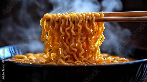 Close-up of Steaming Hot Instant Ramen Noodles Lifted from a Black Bowl by Wooden Chopsticks