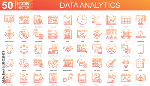 Data Analytics icon collection set. Containing Data, analytics, Dashboard, Reporting, Pie Chart, Bar Chart icon