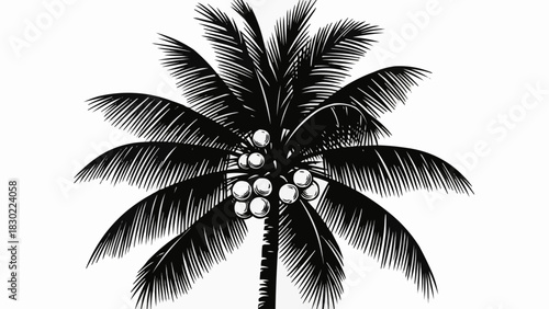 Detailed Hand-Drawn Coconut Palm Tree Illustration with Coconuts.