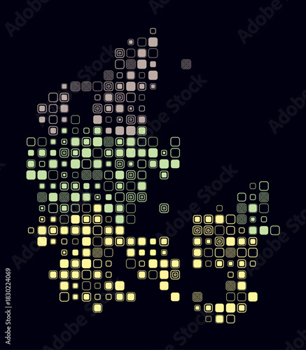 Denmark, shape of the country build of colored cells. Digital style map of the Denmark on dark background. Large size rounded square blocks. Creative vector illustration.