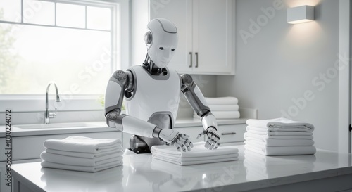 A humanoid robot folding white towels in a bright modern laundry room with a window and cabinets