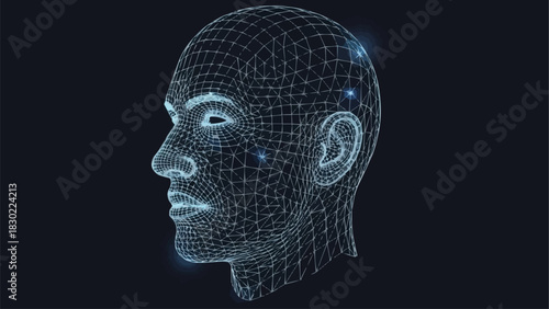 Wireframe Human Head with Digital Connections and Glowing Nodes.