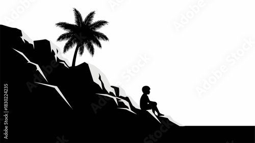 Silhouette of a person sitting on a rocky cliff under a palm tree.