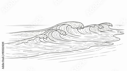 Detailed Line Art of Ocean Waves Crashing on Shore.