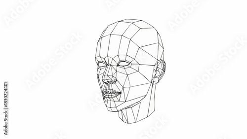 Detailed wireframe head model with open mouth and closed eyes.