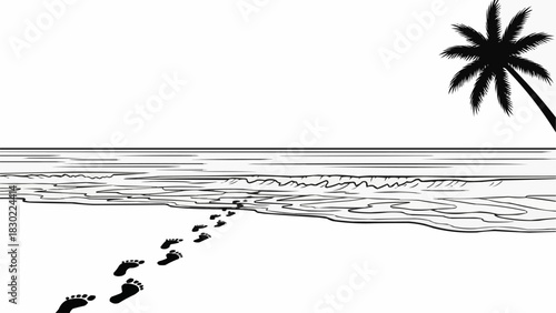 A solitary trail of human footprints left on a sandy shore.