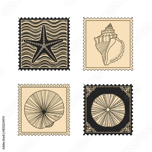 A collection of vintage-style postage stamps featuring various sea life illustrations, including a starfish, conch shell, and sand dollars, set against contrasting backgrounds.