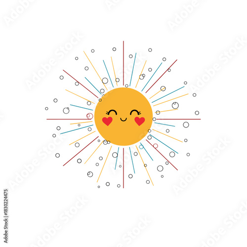 Joyful cartoon sun with heart-shaped blush and closed eyes smiles warmly, emitting a playful explosion of multi-colored light and bubbles.