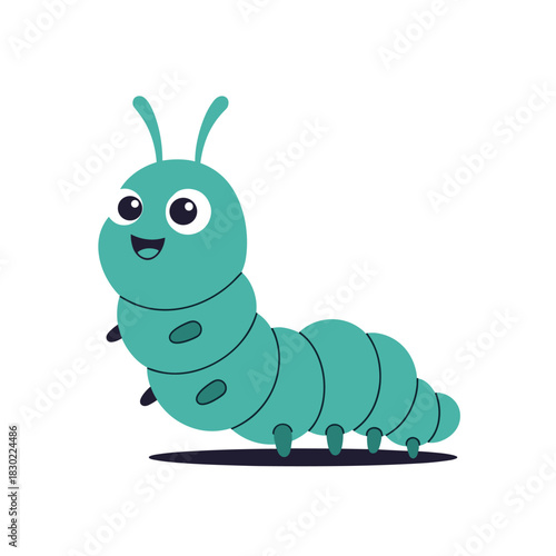 Cute and friendly teal cartoon caterpillar with a big happy smile and large expressive eyes, standing cheerfully on a plain white background.