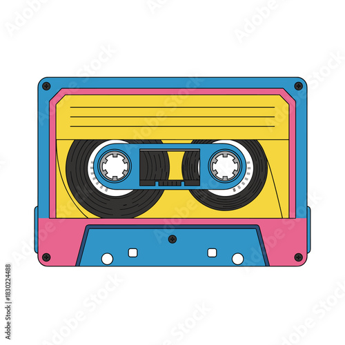 A vibrant and colorful illustration of a retro compact cassette tape, evoking a nostalgic feel for 80s and 90s music and technology.