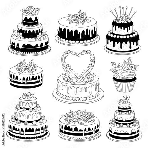 Collection of black and white line art illustrations depicting various celebration cakes, including tiered wedding cakes, a heart cake, and a cupcake.