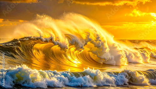 Fototapeta Naklejka Na Ścianę i Meble -  Golden ocean wave crashing with sunlight and dramatic clouds at sunset water surf