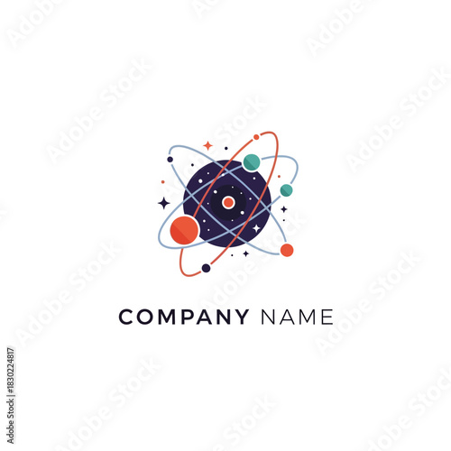 Abstract Atom Logo Design with Orbiting Planets and Stars.