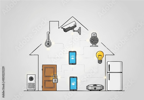 Illustration depicting a smart home system with connected devices, controlled remotely.