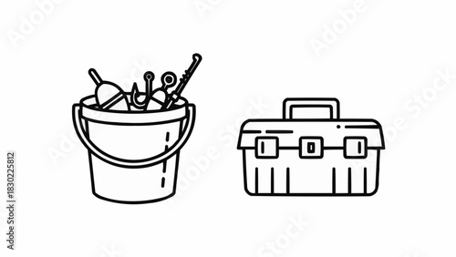 Fishing bucket and tackle box line art illustration.