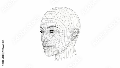 Wireframe 3D Model of a Womans Head in Profile View.