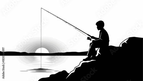 Silhouette of a young person sitting and fishing.