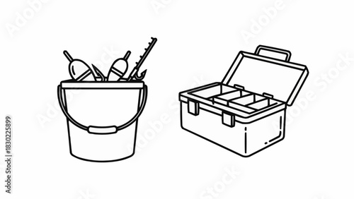 Fishing Gear - Bucket with Floats and Open Tackle Box.