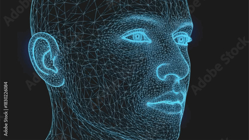 Digital human head constructed from a glowing blue wireframe mesh.
