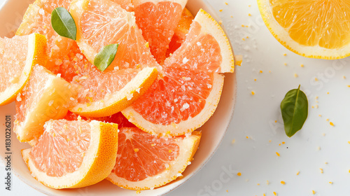 A delicious bowl of fresh citrus slices, featuring vibrant grapefruit and lemon, garnished with green leaves for a refreshing look.