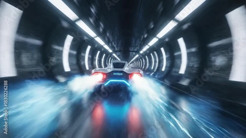 Futuristic vehicle speeds through a brightly lit tunnel with energy trails, creating a sense of speed, motion, and technological advancement in a modern environment