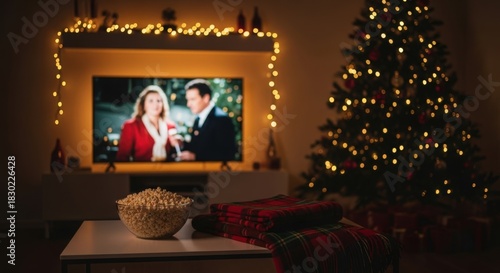 Cozy living room with a Christmas tree and a TV showing a holiday movie. A bowl of popcorn sits on a table, surrounded by festive decorations and warm lights.