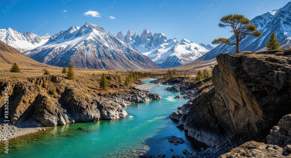 Obraz premium A beautiful scenic landscape of a river flowing through mountain valleys