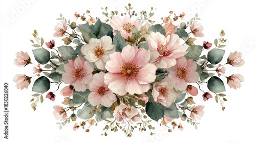 Symmetrical watercolor floral crest with blush pink flowers and pale green leaves on a clean white background, delicate botanical design, minimal elegant composition
