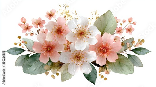 Symmetrical watercolor floral crest with blush pink flowers and pale green leaves on a clean white background, delicate botanical design, minimal elegant composition