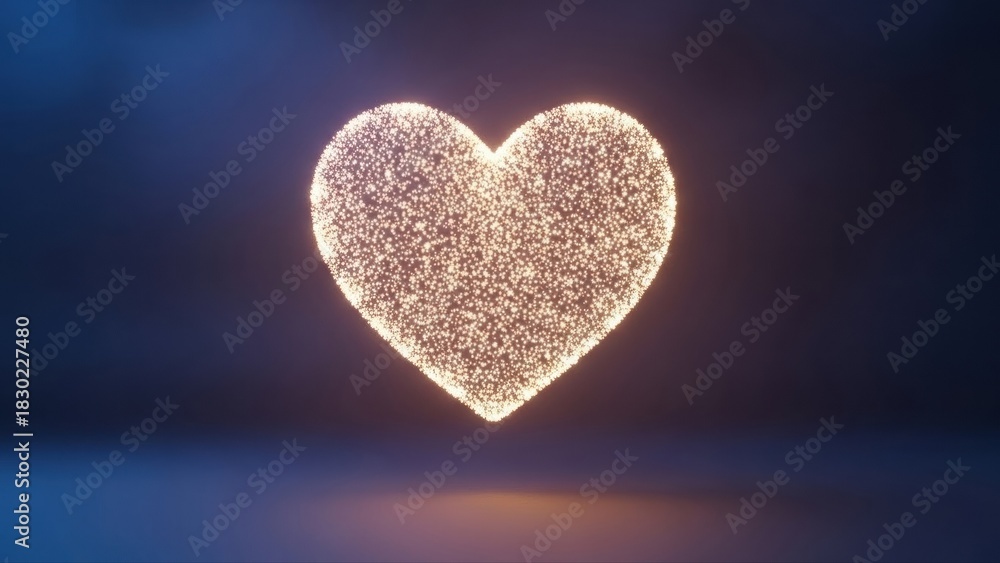 Fototapeta premium Glowing sparkling heart shape made of light particles on a dark background, symbolizing love, romance and celebration in an abstract modern style.