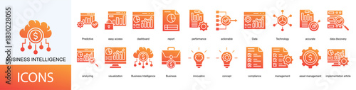 Business Intelligence icon collection set. Containing dashboard, report, performance, actionable, Data, Technology icon
