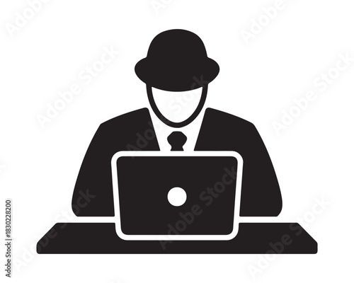 Hacker using laptop, black silhouette
