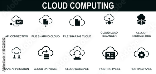 Cloud computing solid icons, online workspace data storage vector set
