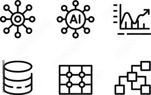 Artificial Intelligence and Data Science Outline Icon Collection,AI Workflow, Data Graph and Mathematical Model Line Icons,Technology Diagram,Learning Outline Vector Set,Modern Data Processing,Ai