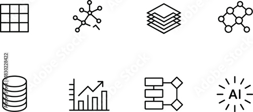 AI and Machine Learning Line Icon Set,Neural Network,Data Science and Analytics Outline Icons,Modern Analytics, Flowchart and Tech System Outline,Data Science Tools, Network Nodes,Analysis Line Symbol
