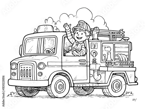 Firefighter in truck waving his hand coloring page