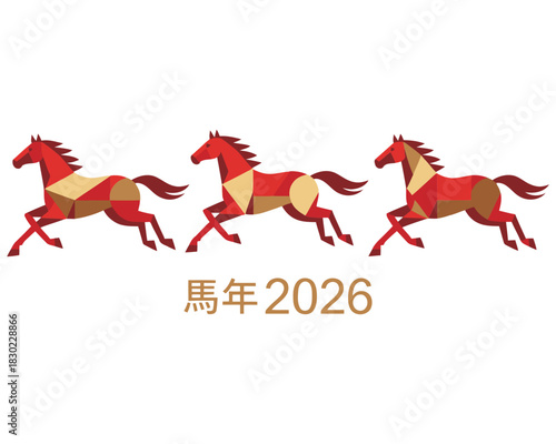 Three Geometric Polygonal Running Horses in Red and Gold for Chinese New Year 2026 Zodiac Symbol