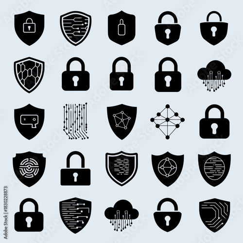 Set of various security icons including shields, locks, and cloud symbols representing data protection and cybersecurity