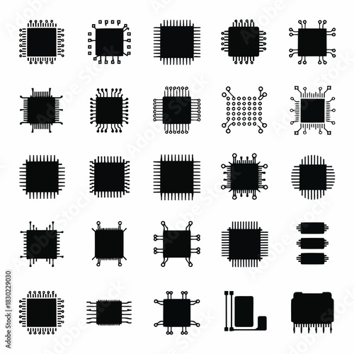 Collection of various black and white integrated circuit chip designs and microchip symbols isolated on
